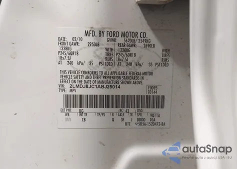 2010 Lincoln Mkx from USA, damaged, VIN 2LMDJ8JC1ABJ25014